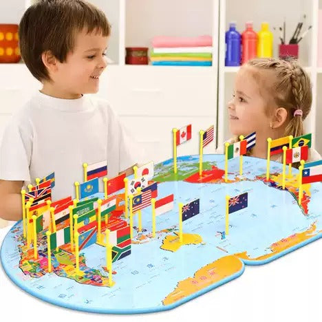 Wooden World Map With 30 (thirty) Countries Flags | World Map Puzzle With Flags And Capitals